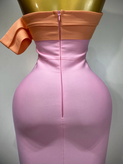 Sexy One Shoulder Color Block Bandage Celebrity Elegant Evening Birthday Party Dress