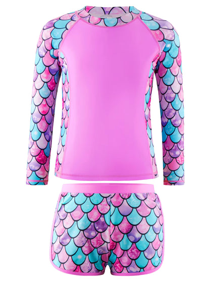 2pcs Kids Girls Long-Sleeved Scale Print Tops Boyleg Swim Shorts Swimwear Suit