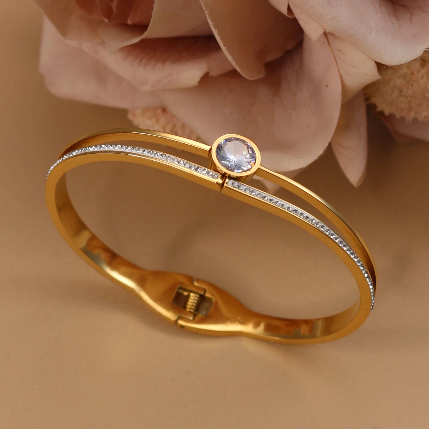 Women Beautiful Stainless Steel 18k Gold Color Bangle Crystal Design Charm Bracelet