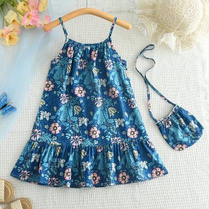 Kids Girls Flower Print Sleeveless Strap Fashion Birthday Beach Holiday Print Dress