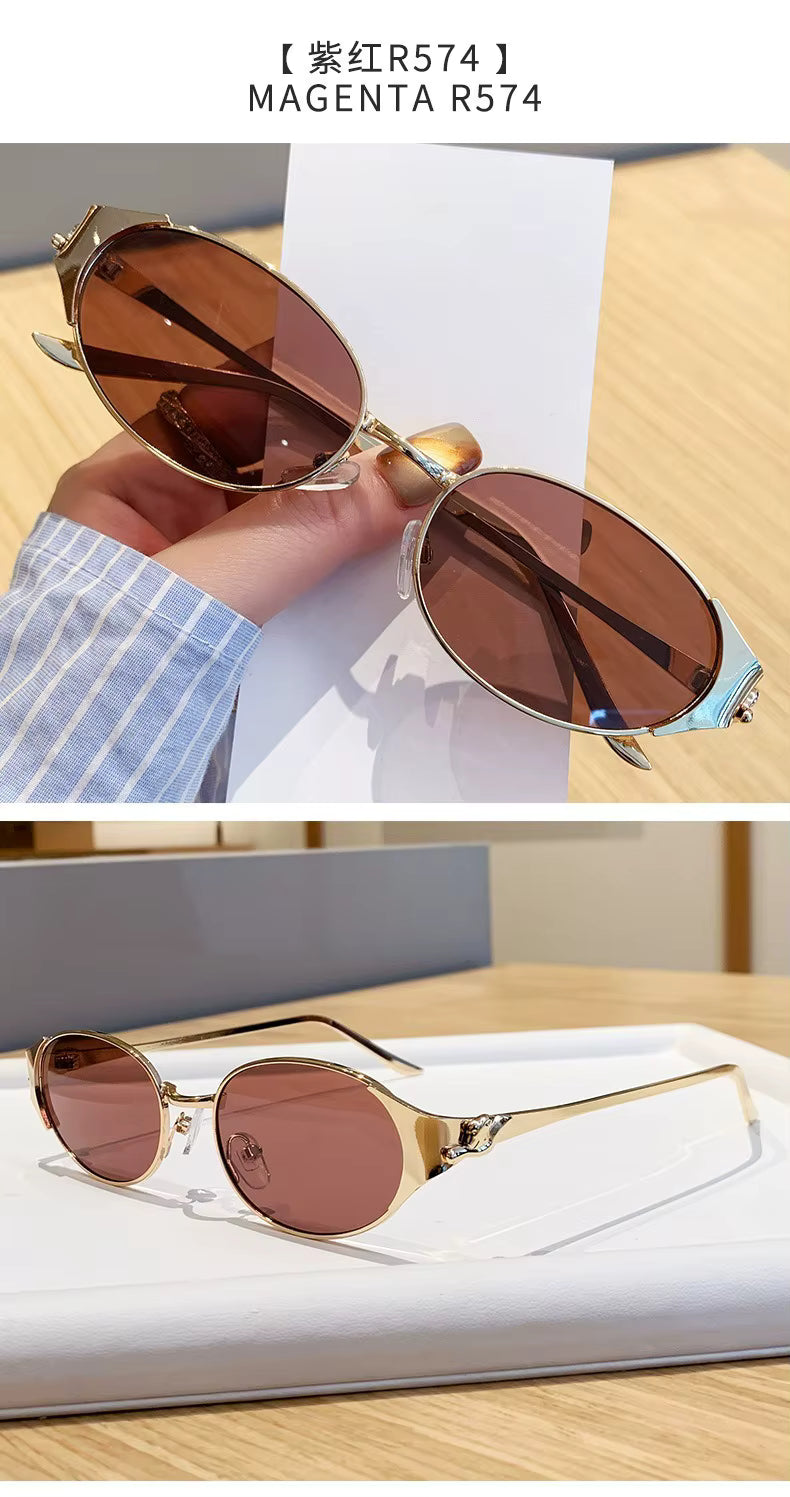 Women Metal Frame Oval Shades Fashion Designer Sunglasses Glasses