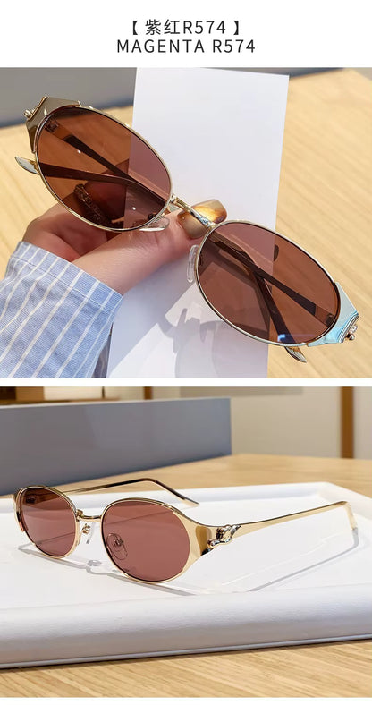 Women Metal Frame Oval Shades Fashion Designer Sunglasses Glasses