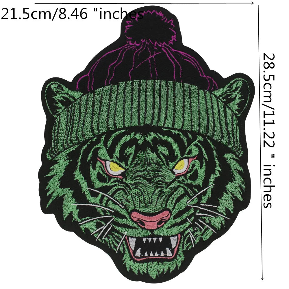 Green Dark Tiger Head Iron on Embroidery Patches for Clothes Applique Cool Badge DIY Craft