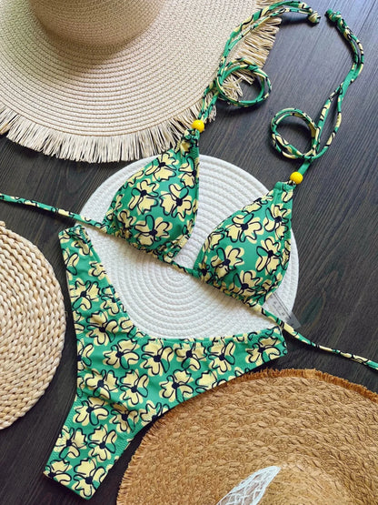 Sexy Botany Print Bikinis Swimsuit Two-piece Triangle Halter Swimwear Bathing Suit Brazilian