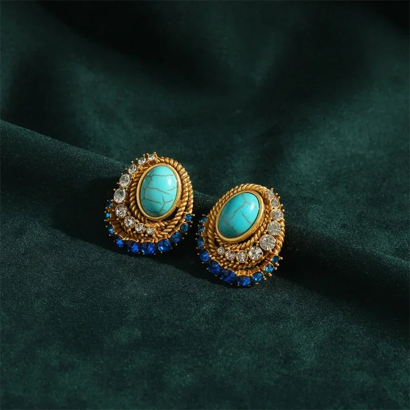 Women Gothic Vintage Designer Natural Blue Stone Stud Earrings