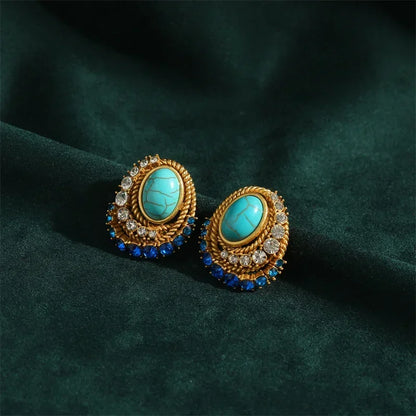 Women Gothic Vintage Designer Natural Blue Stone Stud Earrings