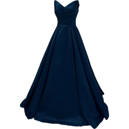 Women Strapless Simple Satin A Line Evening Party Formal Gown Corset Pleat Sweetheart Long Prom Dress w/Pocket