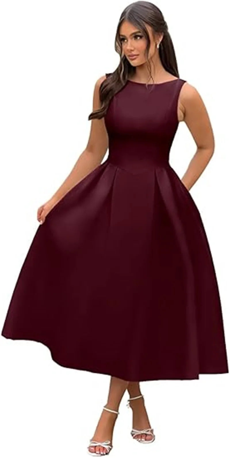 Simple Elegant O-Neck Satin Midi Prom Tea Length Backless A Line Formal Evening Party Bridal Dress w/ Pockets