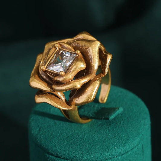 Woman Square Cubic Zirconia Camellia Flower Vintage Gold Color 3D Multi-layered Rose Rings