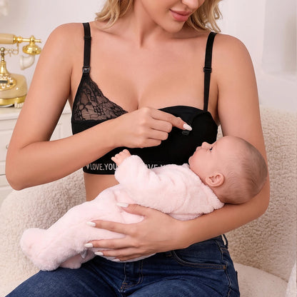 Women Soft Lace Nursing Maternity Ribbed Front Clip Adjustable Straps Bra Printed "Love You" Night Feeding