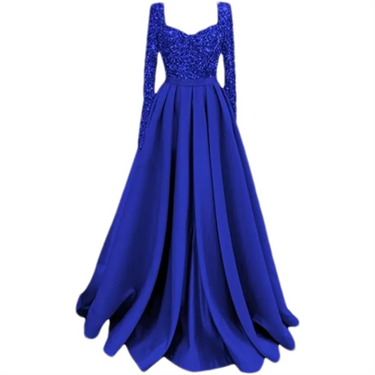 Long Sleeve Sequin Prom Long Satin Women Formal A-Line Evening Party Ball Gown Dress w/ Pockets