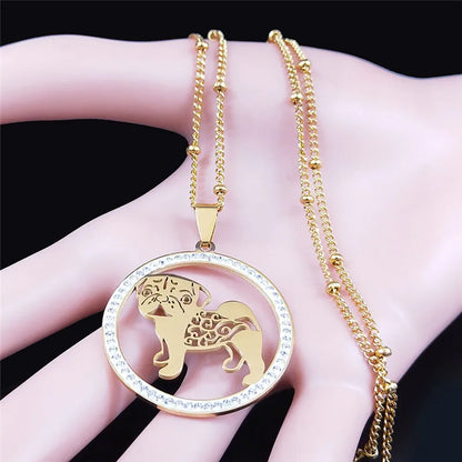 Pug Dog Stainless Steel Crystal Necklace Pendant Gold Color Chain Necklace