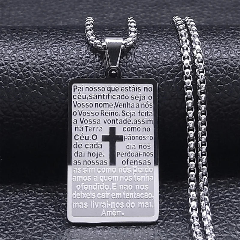 Men Women Stainless Steel Portuguese Religious Christian Cross Bible Verse Prayer Necklace
