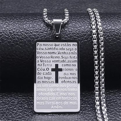Men Women Stainless Steel Portuguese Religious Christian Cross Bible Verse Prayer Necklace