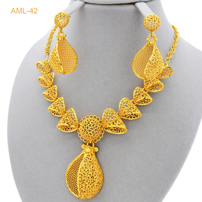 Dubai 24K Gold Plated Women Heart African Indian Bridal Wedding Necklace Earrings Jewelry Set