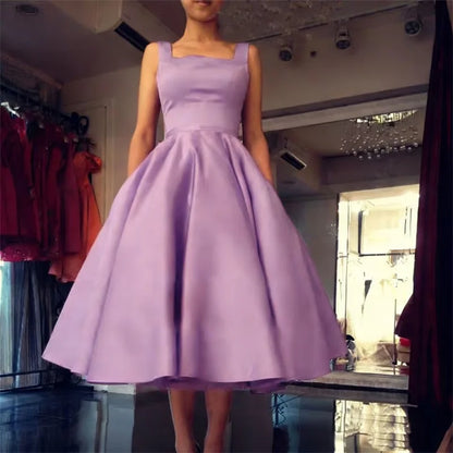 Women's Square Neck Satin Prom Bow A Line Backless Tea Length Formal Evening Party Dress w/ Pockets