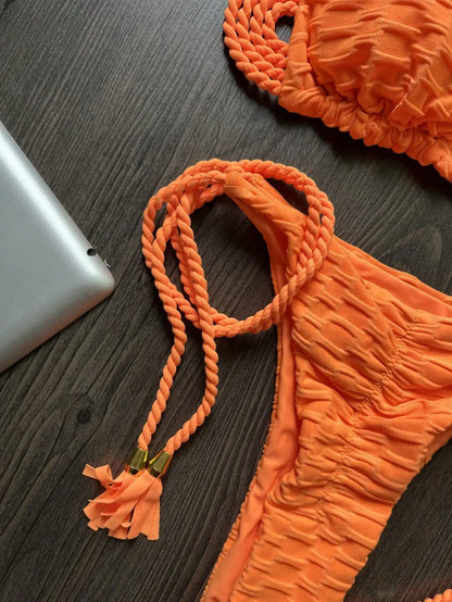 Women Solid color bikini braided rope tied split swimsuit 2-piece swimsuit set