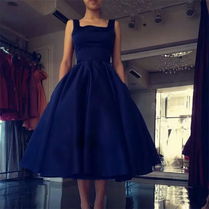 Women's Square Neck Satin Prom Bow A Line Backless Tea Length Formal Evening Party Dress w/ Pockets