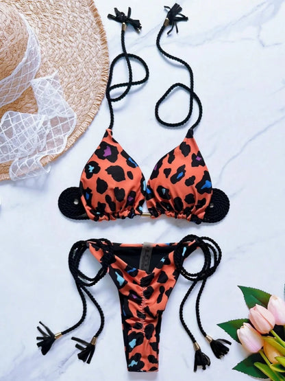 Women Leopard Print Bikini Triangle Braiding Rope Bathing Halter Swimwear Bandage Brazilian Suit