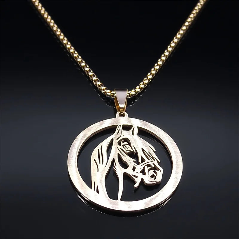 Men Women Stainless Steel Crystal Animal Chain Horse Head Pendant Necklace