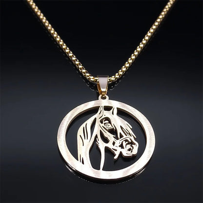 Men Women Stainless Steel Crystal Animal Chain Horse Head Pendant Necklace