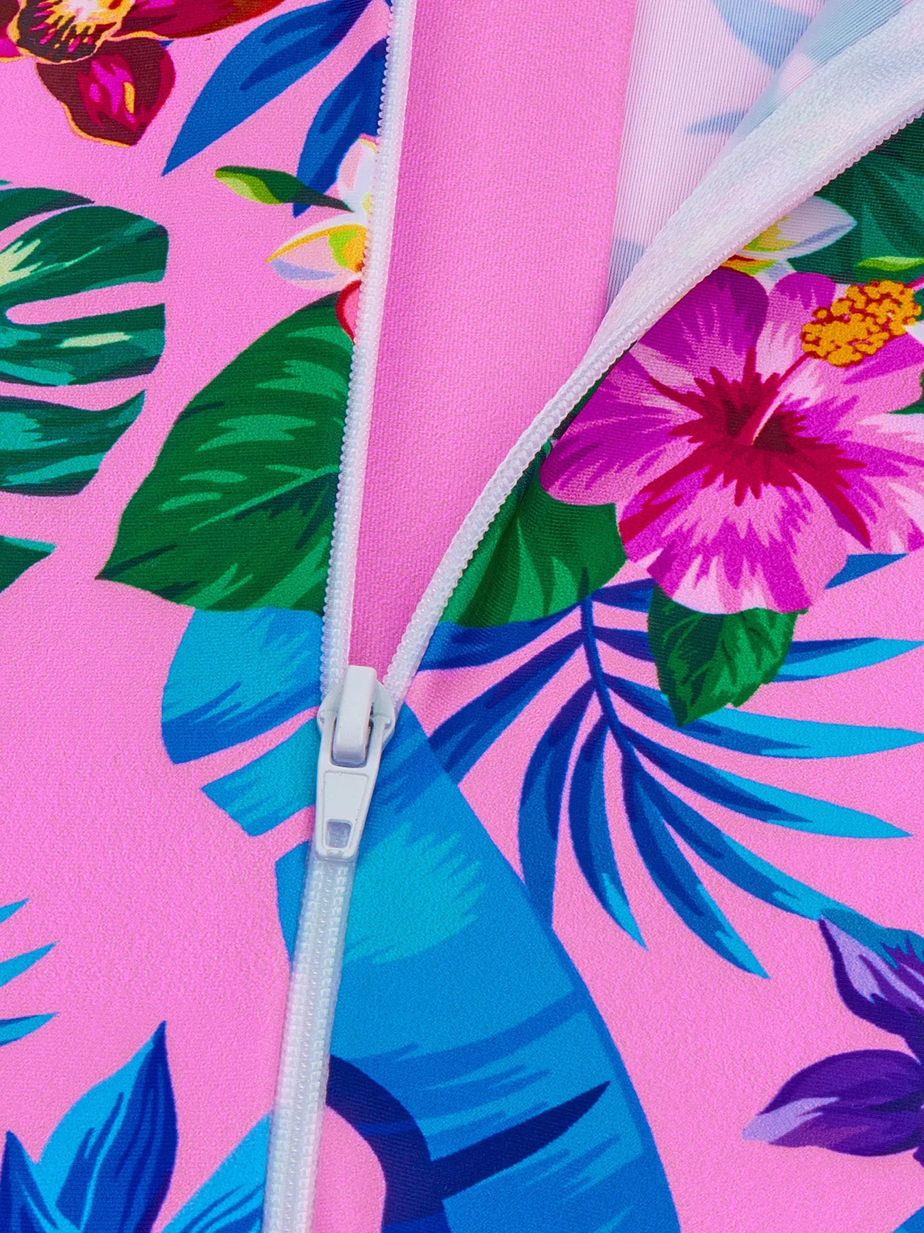 One-Piece Kids Girl Long-Sleeved Pink Plants Print Zipper Boyleg Shorts Swimming Swim Romper