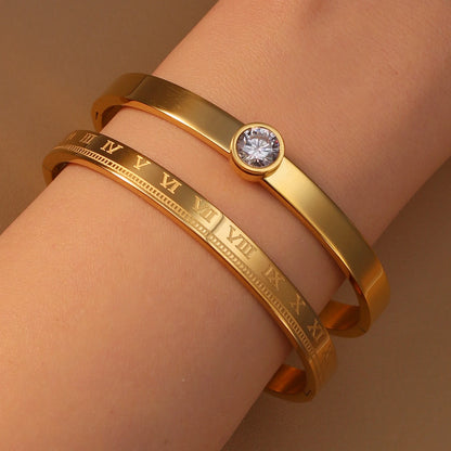 Women Roman Numeral 18k Gold Color Stainless Steel Zircon Bracelet Bangles