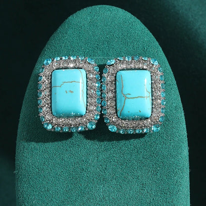 Vintage Wedding Natural Stone Square Blue Rhinestones Antique Studs Earrings