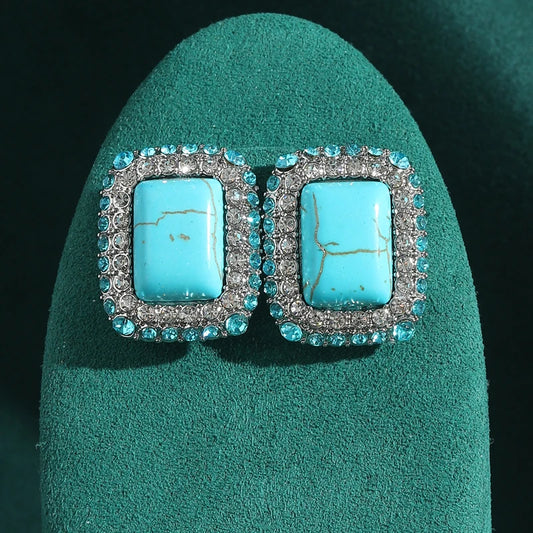Vintage Wedding Natural Stone Square Blue Rhinestones Antique Studs Earrings