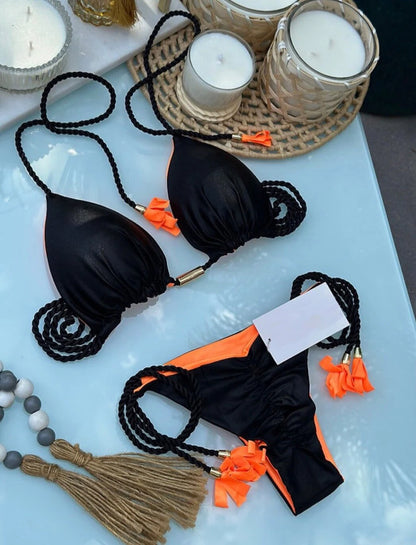Sexy Separate Triangle Pure Color Rope Weaving Multicolor Bikini Swimsuit Suit