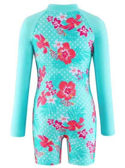 Girls Kids One-Piece Long Sleeve Floral Print Green Color Beach Boyleg Shorts Swimsuit