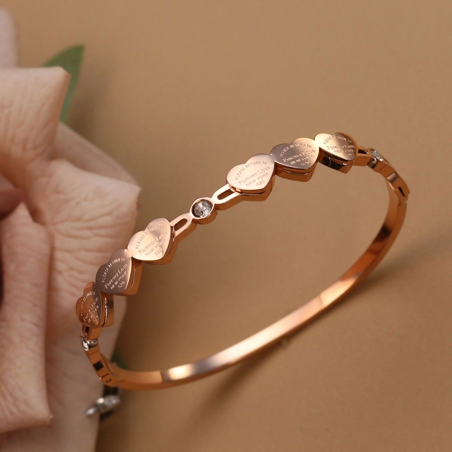 Delicate Stainless Steel Gold Color Peach Heart Crystal Design Charm Bangle Bracelet