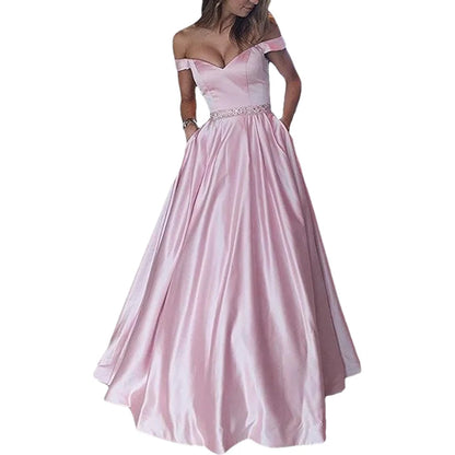 Women Off The Shoulder Beaded Satin V Neck Corset A Line Long Formal Prom Evening Party Gown Dress w/Pocket