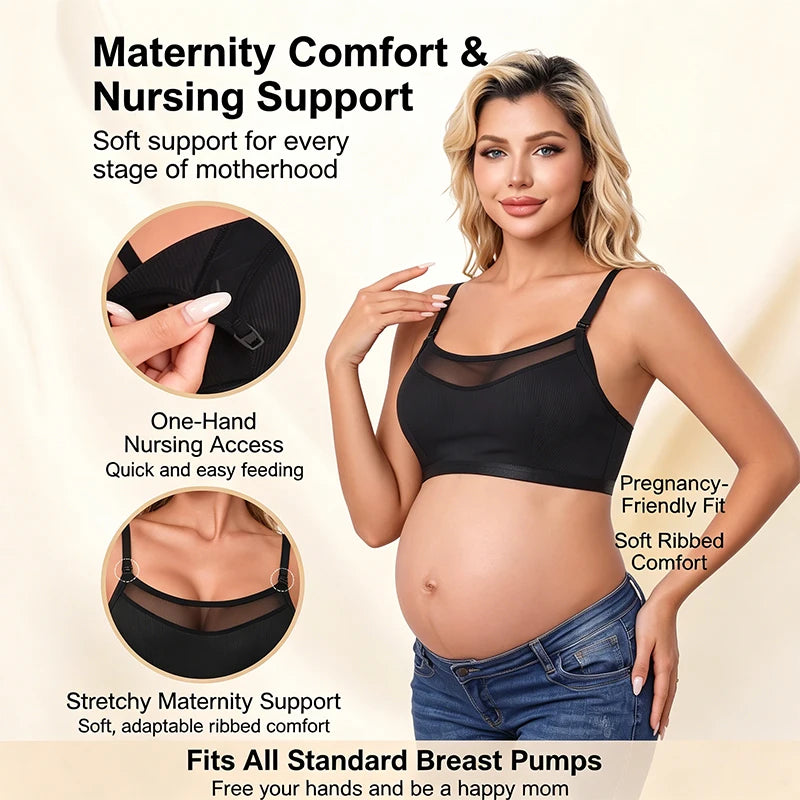 Women Wire Free Ribbed Mesh Clip Breastfeeding Support Fit Breast Pumps Maternity Nursing Bra