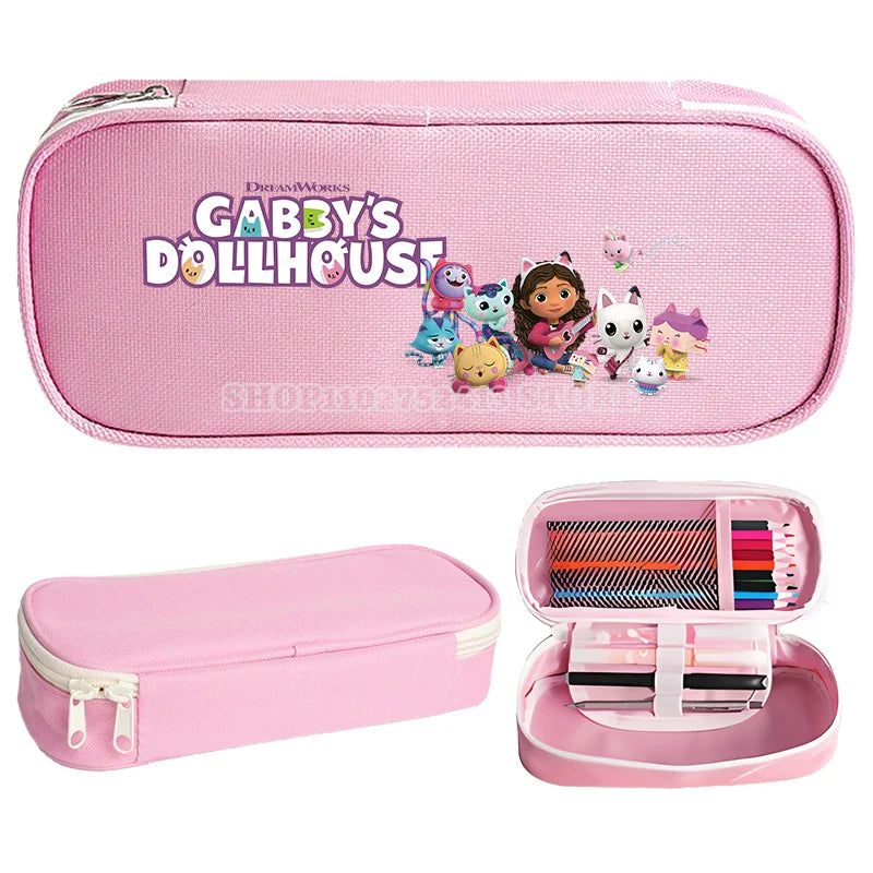 Gabby Dollhouse Kids Cartoon Large Capacity Double Layer Canvas Pencil Case Bag