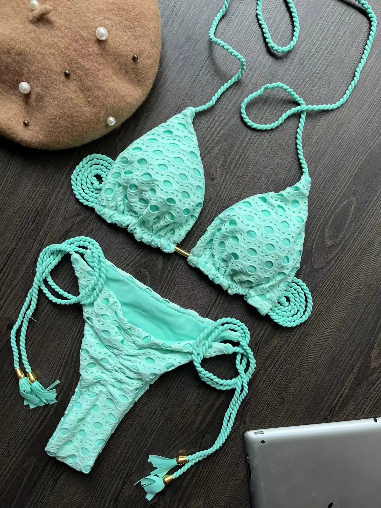 Sexy Hollow out Braiding rope Bikini Swimwear Swimsuit Triangle Solid Bathing Brazilian Suit