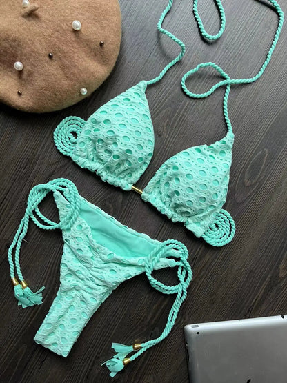 Sexy Hollow out Braiding rope Bikini Swimwear Swimsuit Triangle Solid Bathing Brazilian Suit