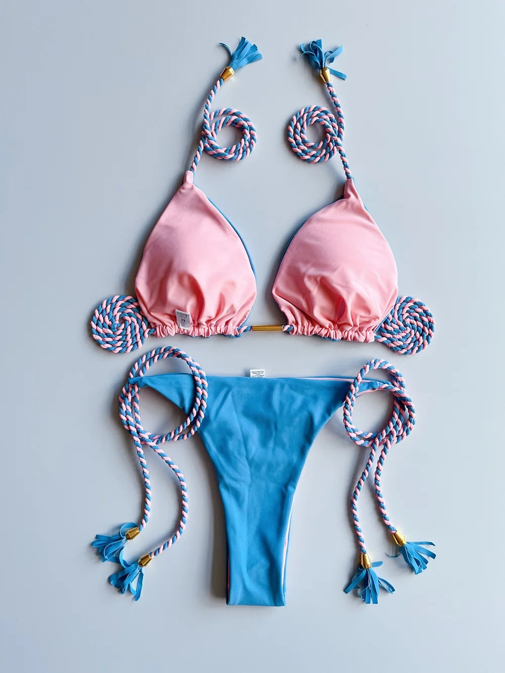 Sexy Solid color Two-piece Triangle Swimsuit Braiding Rope Bikini Beach Bathing Brazilian Suit