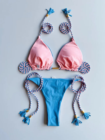 Sexy Solid color Two-piece Triangle Swimsuit Braiding Rope Bikini Beach Bathing Brazilian Suit