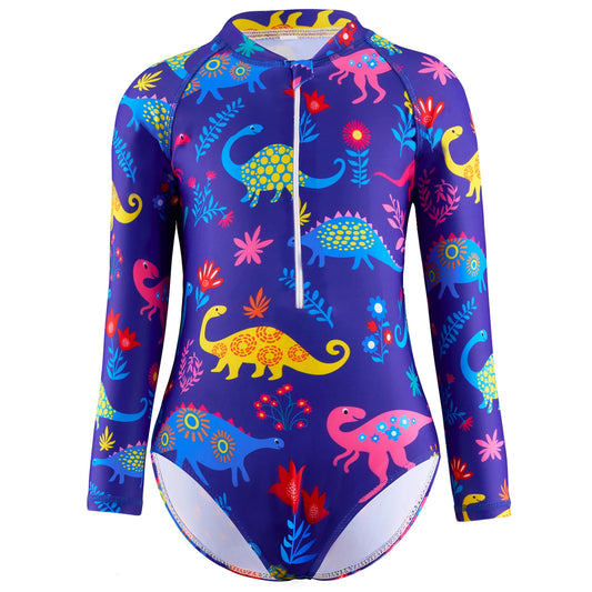 Kids Girl One-Piece Long Sleeve Dinosaur Print Beach Rash Guard Bikini Cut Bottom Swimming Suit