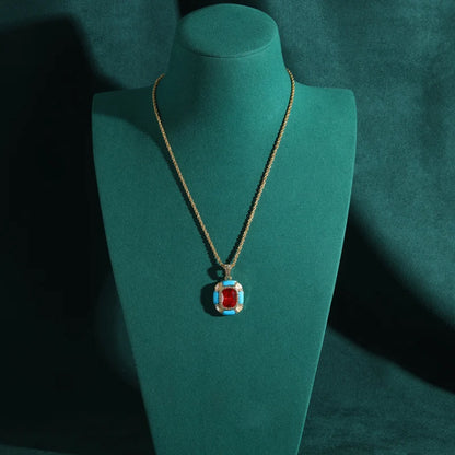 Vintage Designer Blue Enamel Red Glass Square Hanging French Stylish Luxury Charm Pendant Necklace
