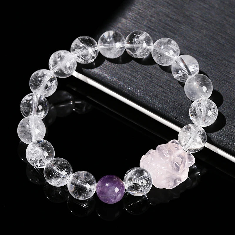 Natural Stone Rock Bead Women Sweet Pink Quartz Carved Healing Crystal Bracelets