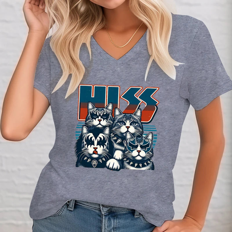 Cats Kittens Rock Funny Women Lovers Funny Music V-neck T-shirt Tops