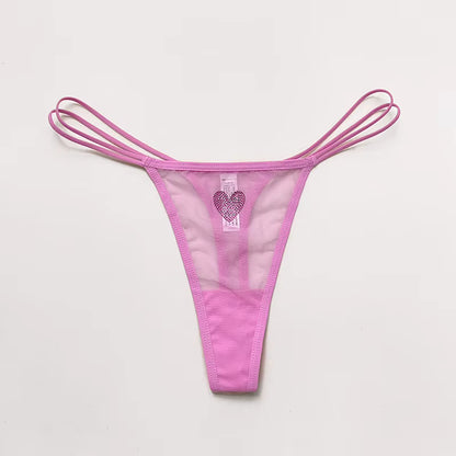 Women Lace Mesh Transparent Rhinestones Heart G-String T-Back Briefs Thong Panties Underwear
