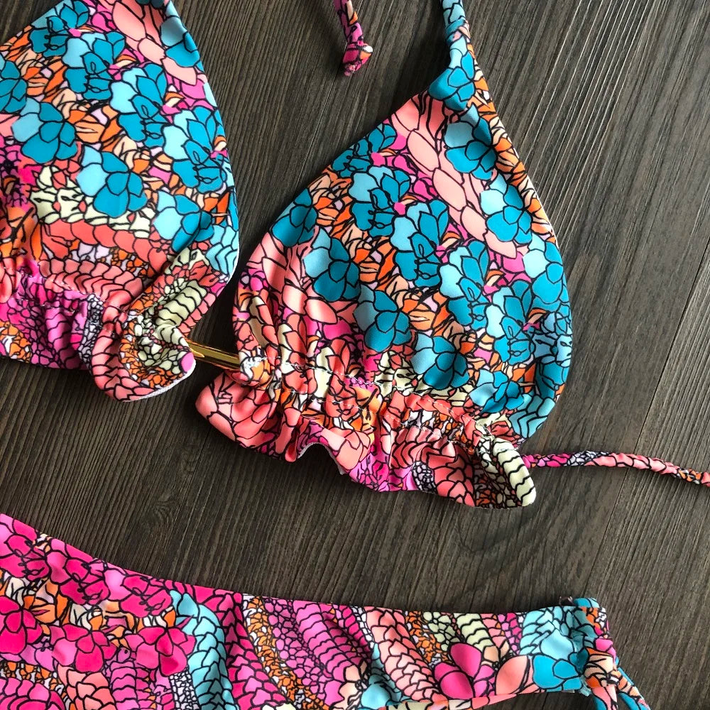 Sexy Floral Print Swimwear String Push Up Swimsuit Bikinis Women Beach Bathing Suits