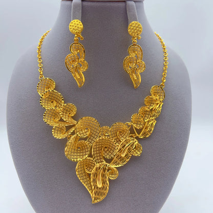 Indian 24K Gold Plated Big Floral Women African Dubai Bridal Wedding Necklace Earrings Jewelry Set