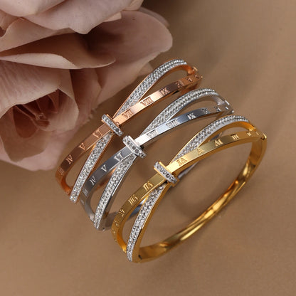 Love Charm 18k Gold Stainless Steel Crystal Cross Roman Numerals Bangle Bracelet