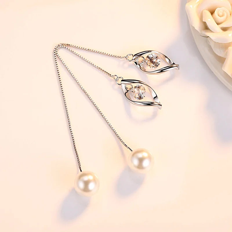 Solid 925 Sterling Silver Crystal Long Chain Hollow Leaf Pearl Drop Earrings