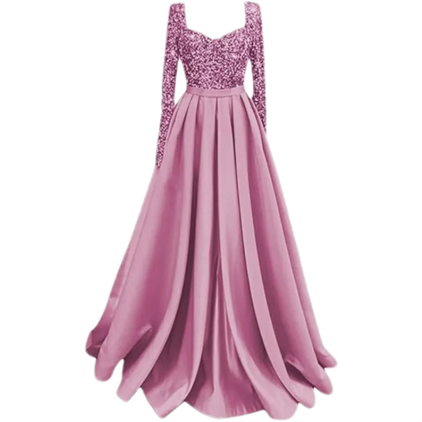 Long Sleeve Sequin Prom Long Satin Women Formal A-Line Evening Party Ball Gown Dress w/ Pockets
