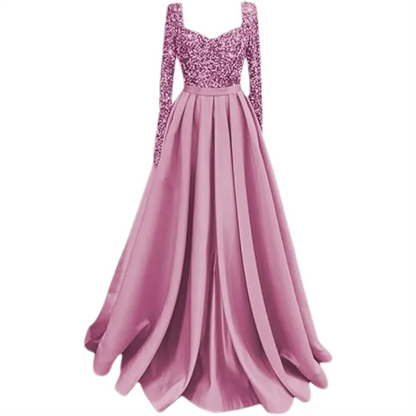 Long Sleeve Sequin Prom Long Satin Women Formal A-Line Evening Party Ball Gown Dress w/ Pockets